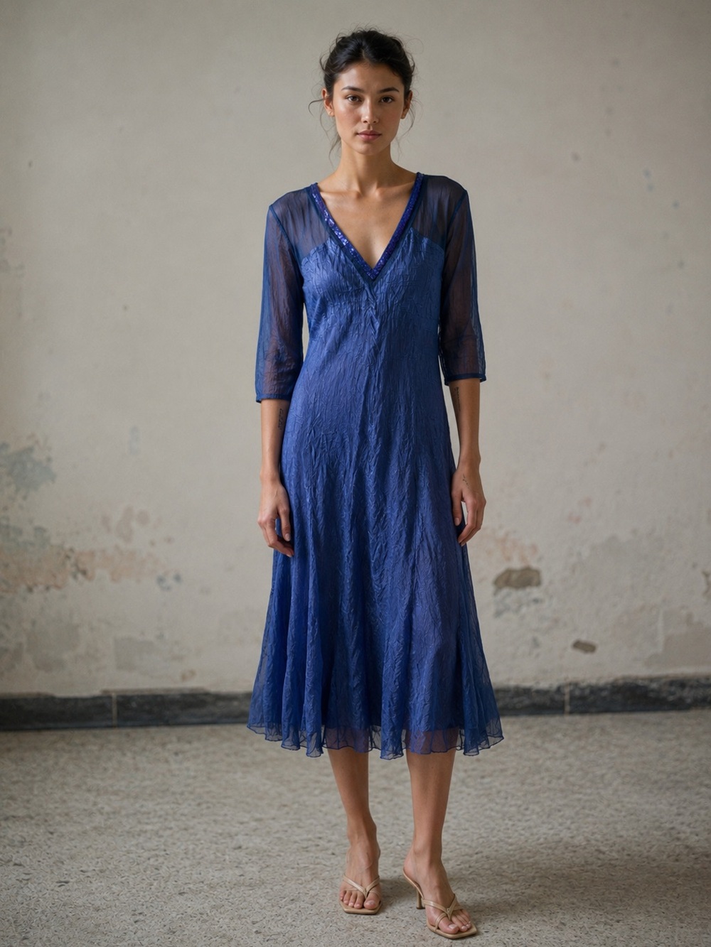 Komarov Beaded V-Neck Chiffon Charmeuse Midi Dress size L blue